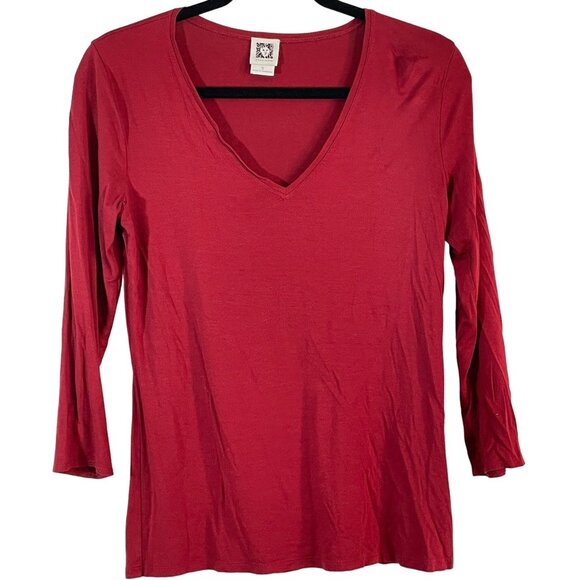 Anne Klein half sleeve shirt v neck see through rayon blend red small READ - Picture 1 of 10